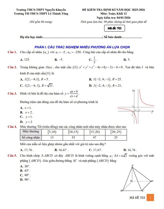 đề kiểm tra toán 12 tháng 01 năm 2026 trường nguyễn khuyến & lê thánh tông – tp hcm