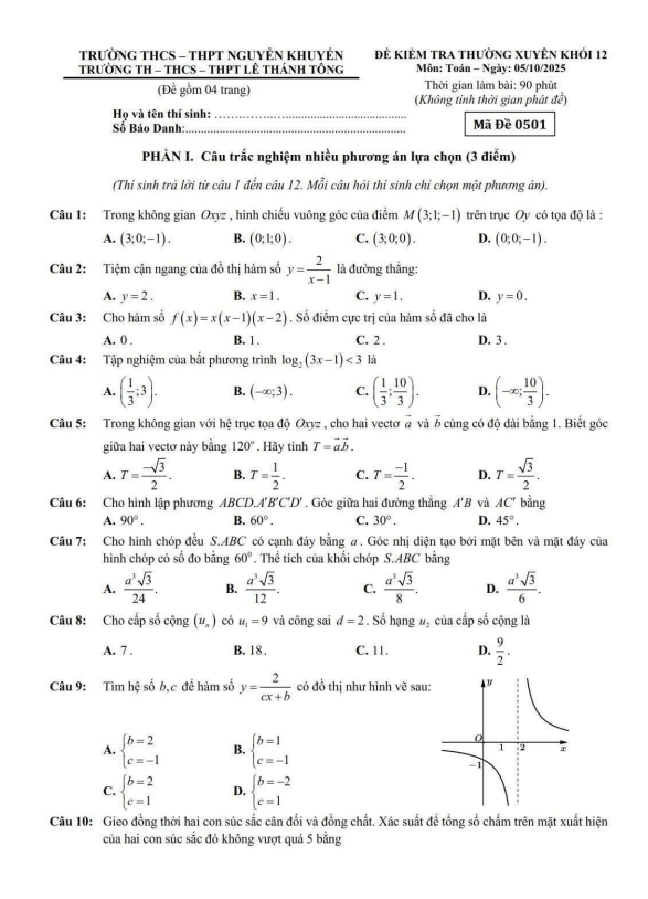 đề kiểm tra toán 12 tháng 10 năm 2025 trường nguyễn khuyến & lê thánh tông – tp hcm