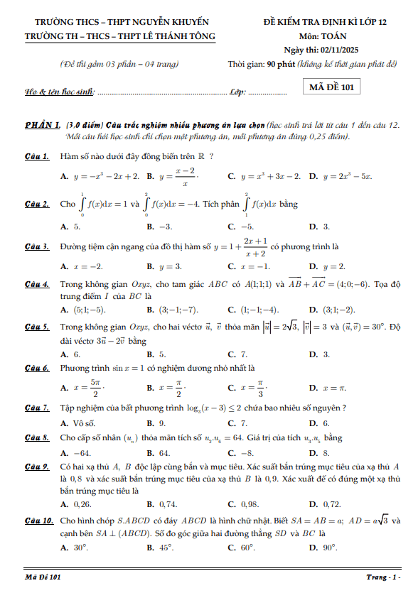 đề kiểm tra toán 12 tháng 11 năm 2025 trường nguyễn khuyến & lê thánh tông – tp hcm