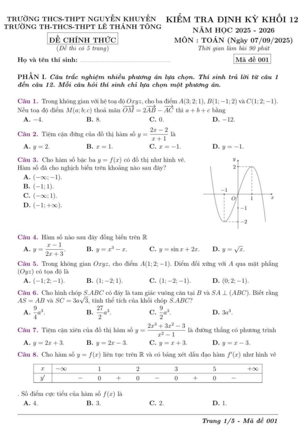 đề kiểm tra toán 12 tháng 9 năm 2025 trường nguyễn khuyến & lê thánh tông – tp hcm