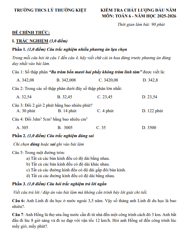 đề kiểm tra toán 6 đầu năm 2025 – 2026 trường thcs lý thường kiệt – tp hcm