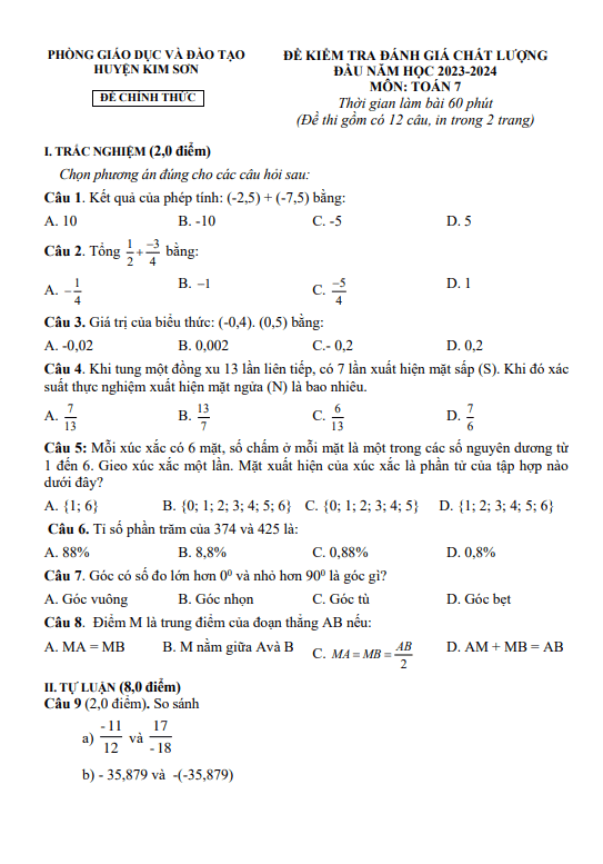 đề kiểm tra toán 7 đầu năm 2023 – 2024 phòng gd&đt kim sơn – ninh bình