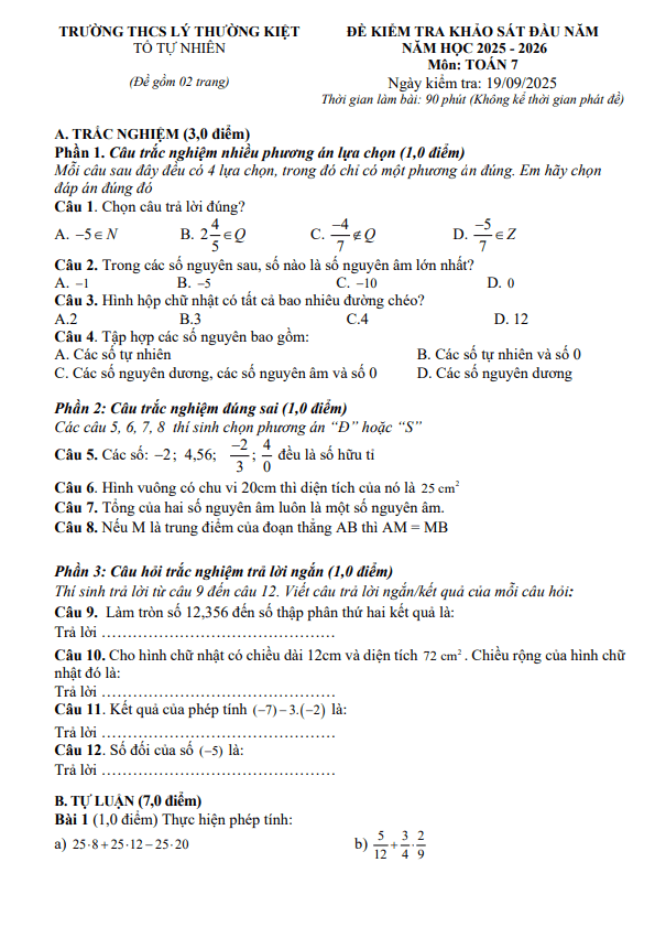 đề kiểm tra toán 7 đầu năm 2025 – 2026 trường thcs lý thường kiệt – tp hcm