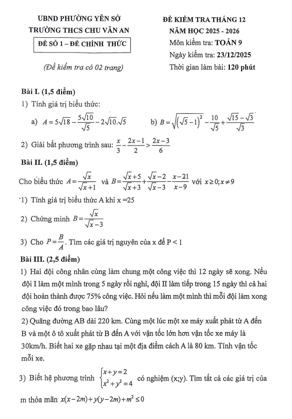đề kiểm tra toán 9 tháng 12 năm 2025 trường thcs chu văn an – hà nội