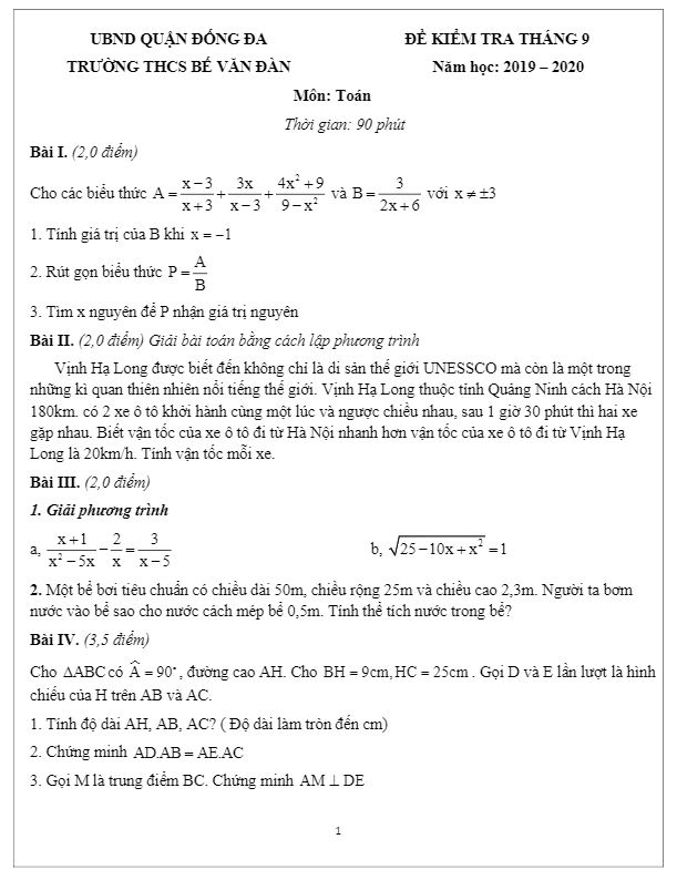 đề kiểm tra toán 9 tháng 9 năm 2019 – 2020 trường thcs bế văn đàn – hà nội