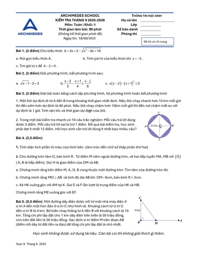 đề kiểm tra toán 9 tháng 9 năm 2025 trường archimedes school – hà nội