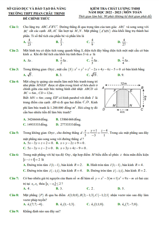 đề kiểm tra tsđh năm 2023 môn toán trường thpt phan châu trinh – đà nẵng