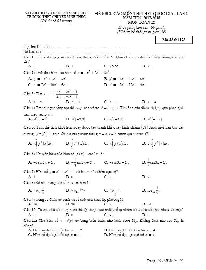 đề kscl các môn thi thpt quốc gia 2018 môn toán trường chuyên vĩnh phúc lần 3