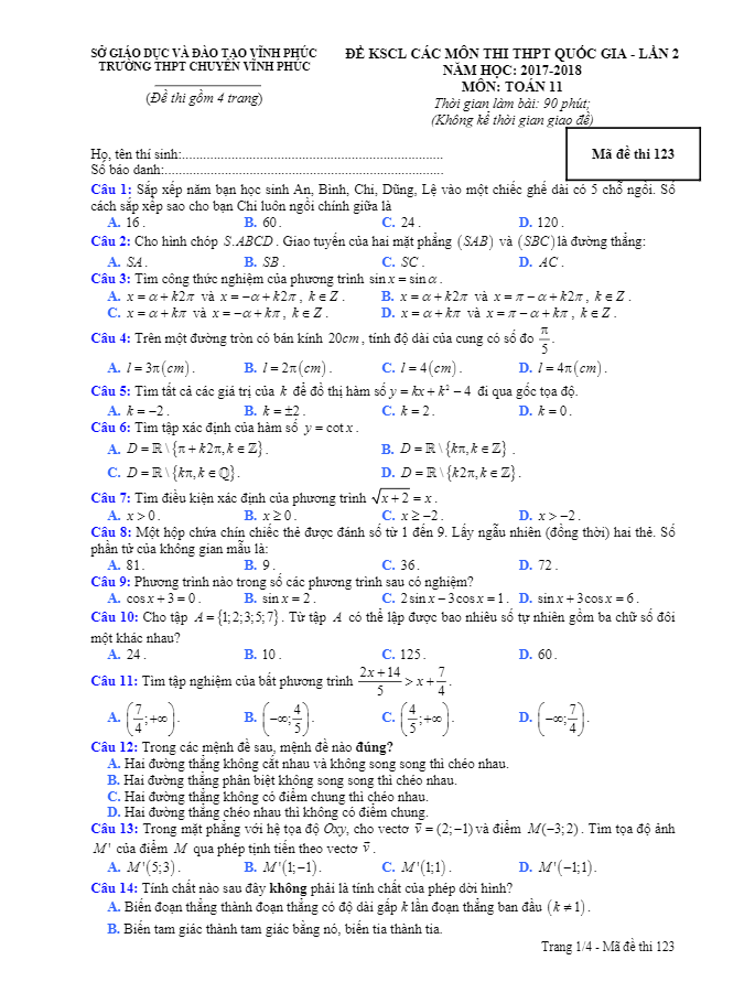 đề kscl các môn thi thpt quốc gia lần 2 năm 2017 – 2018 môn toán 11 trường chuyên vĩnh phúc