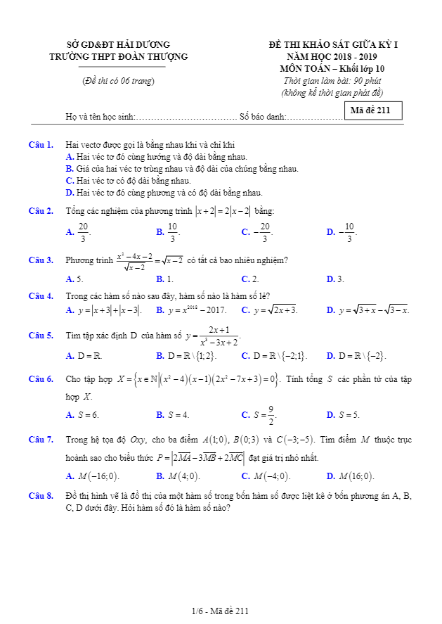 đề kscl cuối kỳ 1 toán 10 năm học 2018 – 2019 trường thpt đoàn thượng – hải dương