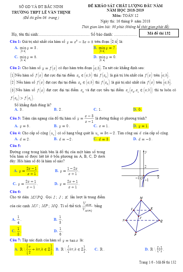 đề kscl đầu năm 2018 – 2019 môn toán 12 trường thpt lê văn thịnh – bắc ninh