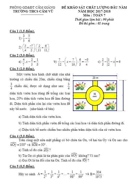 đề kscl đầu năm năm học 2017 – 2018 môn toán 7 trường thcs cẩm vũ – hải dương