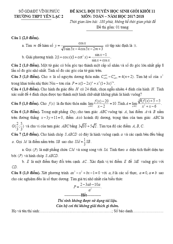 đề kscl đội tuyển hsg toán 11 năm 2017 – 2018 trường thpt yên lạc 2 – vĩnh phúc