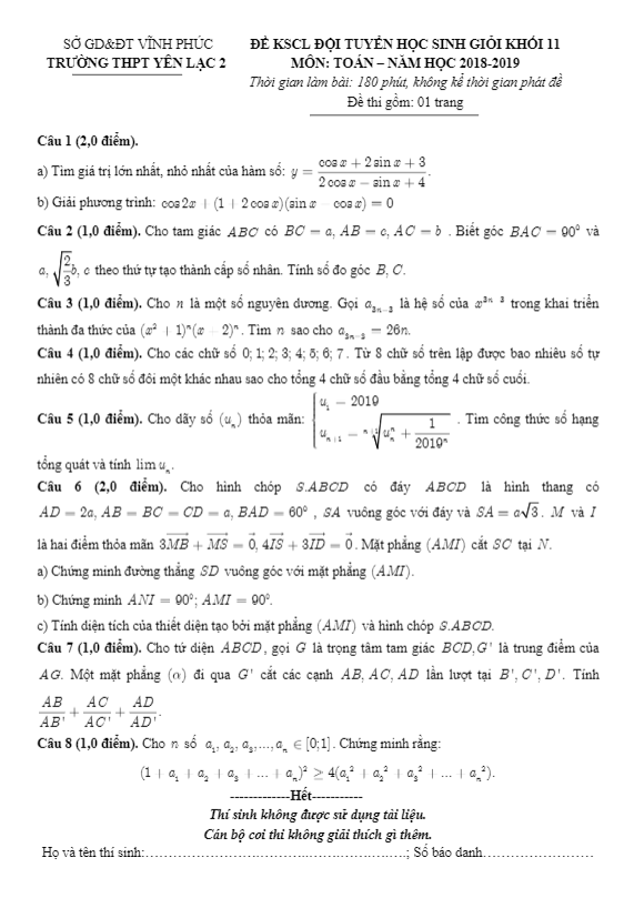 đề kscl đội tuyển hsg toán 11 năm 2018 – 2019 trường yên lạc 2 – vĩnh phúc