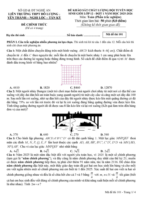đề kscl học sinh giỏi toán 12 đợt 1 năm 2025 – 2026 liên trường thpt – nghệ an