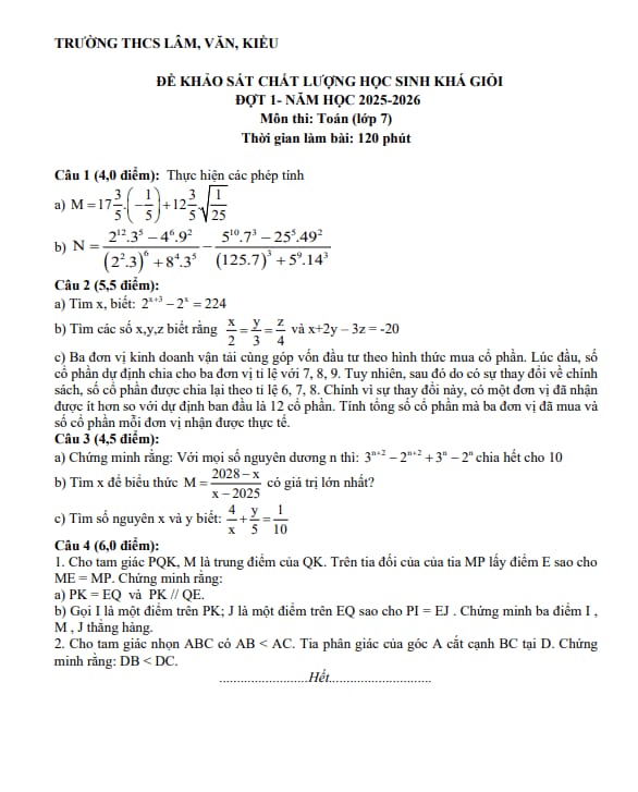 đề kscl học sinh giỏi toán 7 đợt 1 năm 2025 – 2026 cụm thcs lâm-văn-kiều – nghệ an