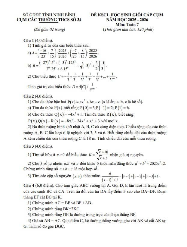 đề kscl học sinh giỏi toán 7 năm 2025 – 2026 cụm các trường thcs số 34 – ninh bình