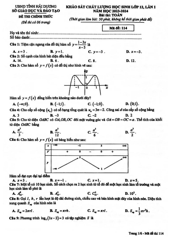 đề kscl học sinh toán 12 lần 1 năm 2023 – 2024 sở gd&đt hải dương