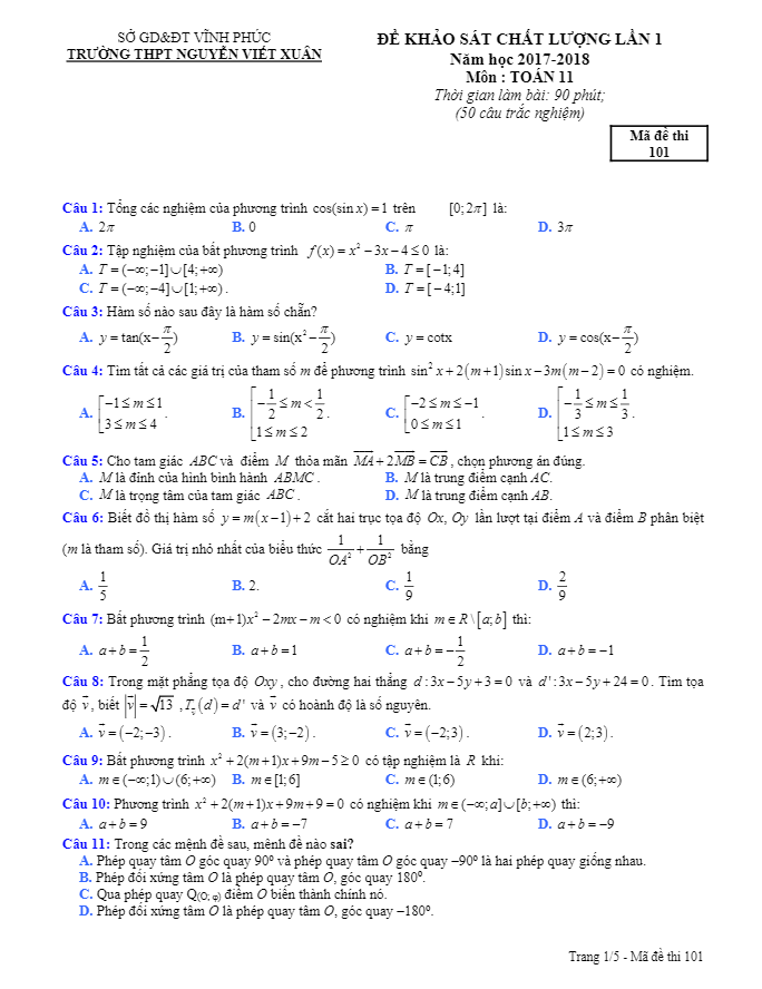 đề kscl lần 1 năm học 2017 – 2018 môn toán 11 trường thpt nguyễn viết xuân – vĩnh phúc