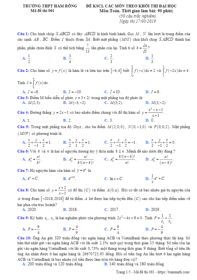 đề kscl môn toán thi đh 2019 trường thpt hàm rồng – thanh hóa lần 2