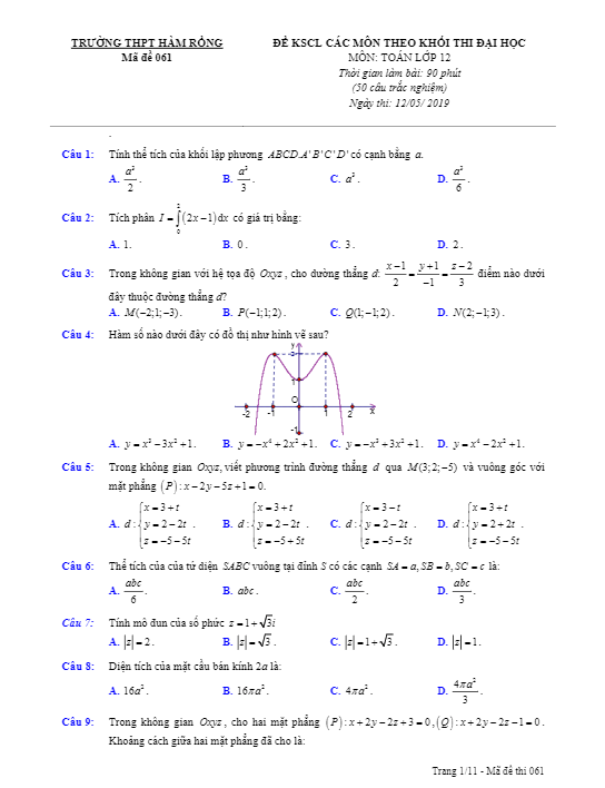 đề kscl môn toán thi đh 2019 trường thpt hàm rồng – thanh hóa lần 3