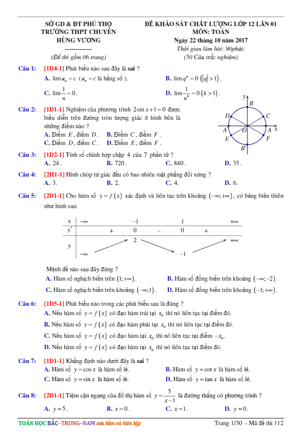 đề kscl năm học 2017 – 2018 môn toán 12 trường thpt chuyên hùng vương – phú thọ lần 1