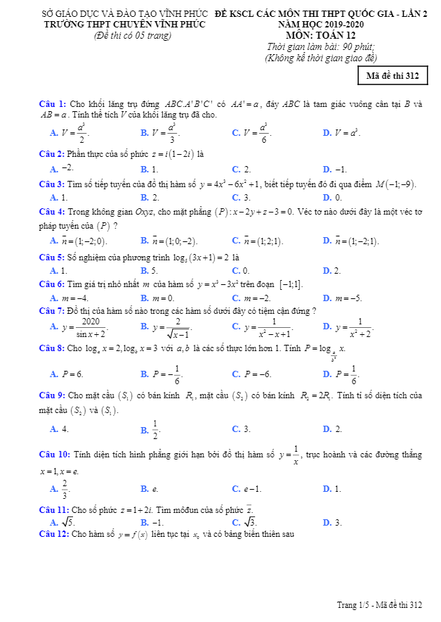 đề kscl thi thpt quốc gia 2020 môn toán lần 2 trường thpt chuyên vĩnh phúc