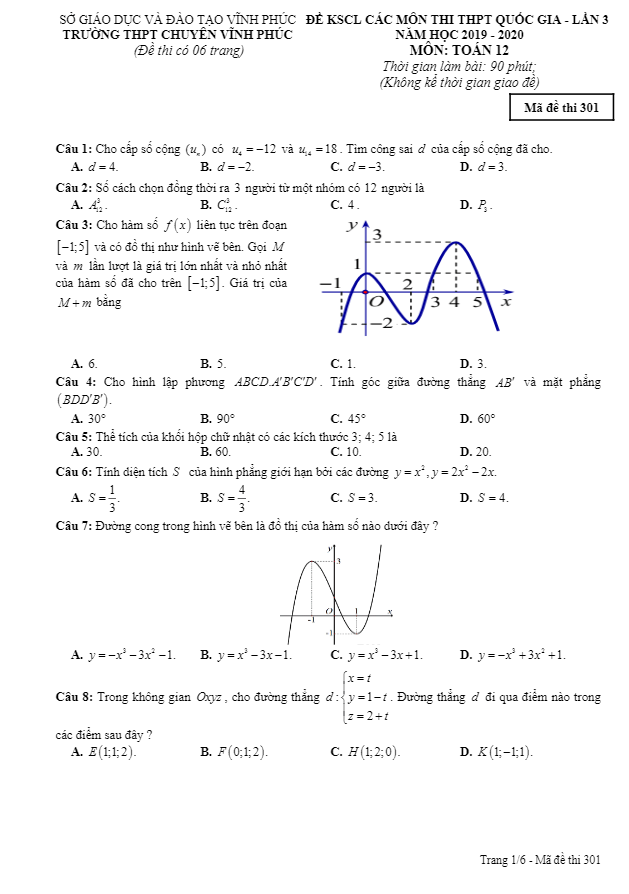 đề kscl thi thpt quốc gia 2020 môn toán lần 3 trường thpt chuyên vĩnh phúc