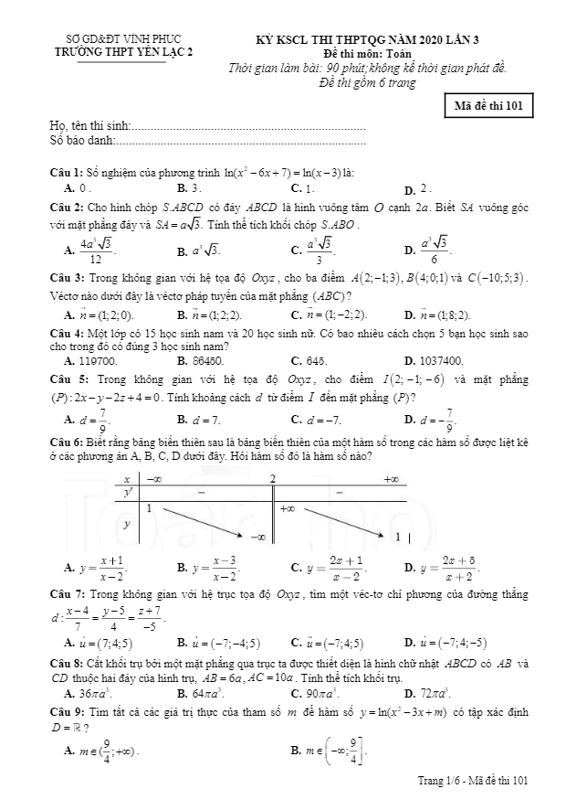 đề kscl thi thptqg 2020 môn toán lần 3 trường thpt yên lạc 2 – vĩnh phúc