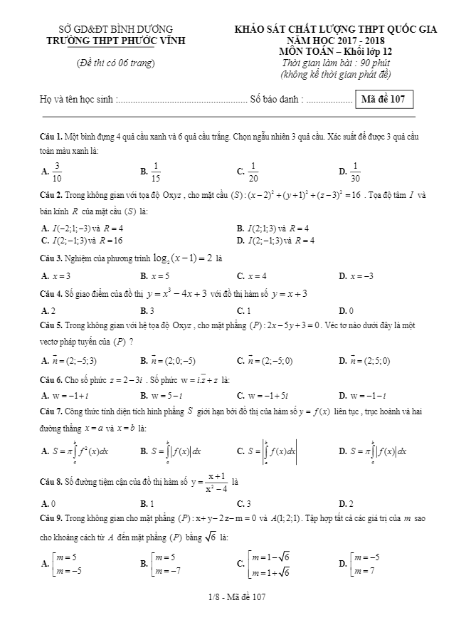 đề kscl thpt quốc gia 2018 môn toán trường thpt phước vĩnh – bình dương