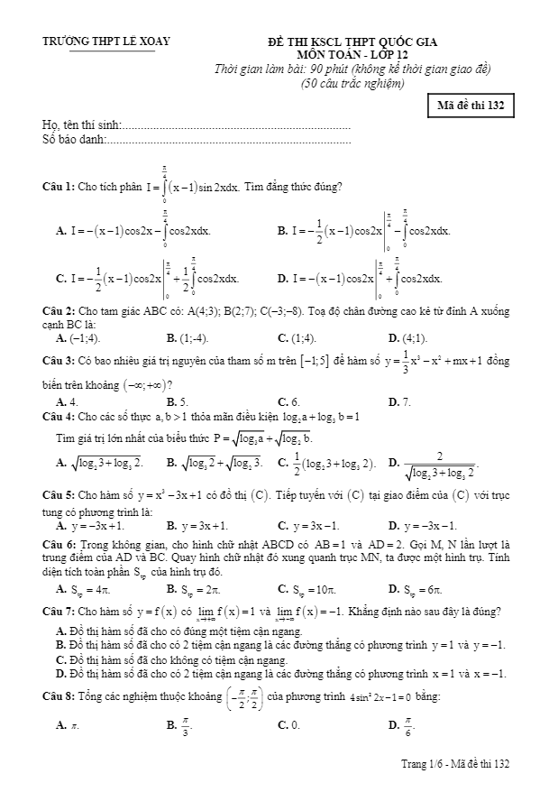 đề kscl thpt quốc gia 2019 môn toán 12 lần 2 trường lê xoay – vĩnh phúc