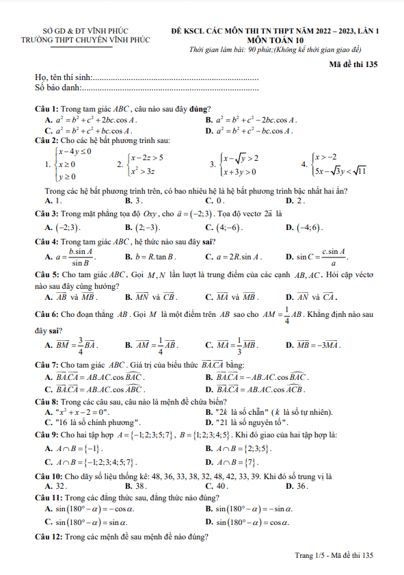 đề kscl toán 10 lần 1 năm 2022 – 2023 trường thpt chuyên vĩnh phúc