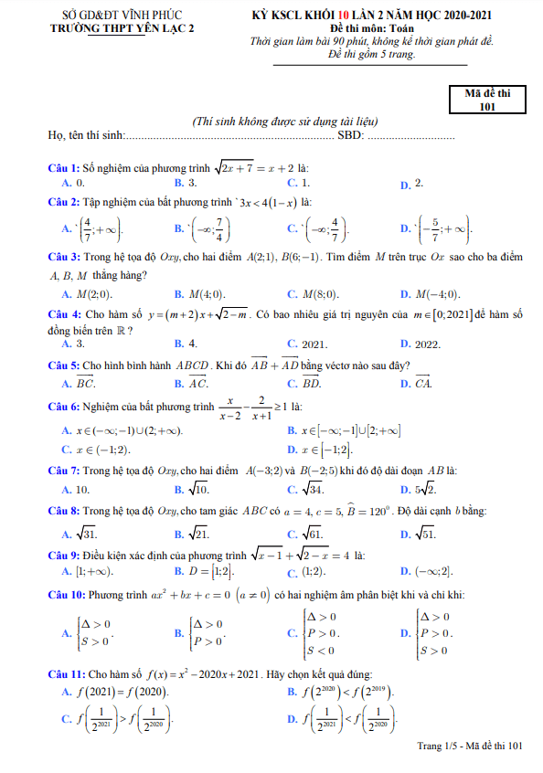 đề kscl toán 10 lần 2 năm 2020 – 2021 trường thpt yên lạc 2 – vĩnh phúc