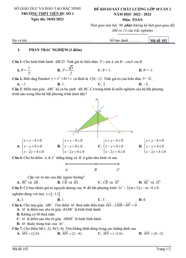 đề kscl toán 10 lần 2 năm 2022 – 2023 trường thpt tiên du 1 – bắc ninh
