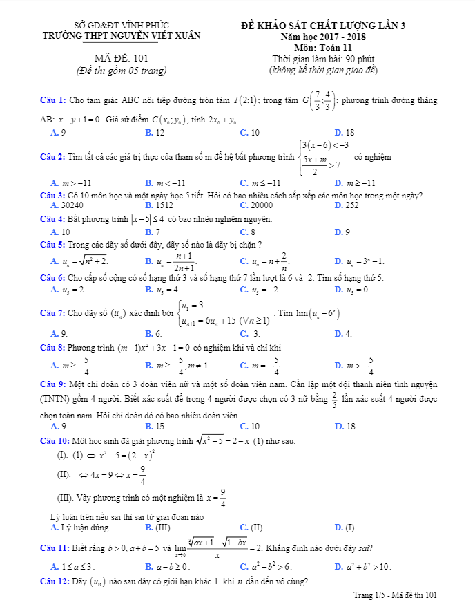 đề kscl toán 11 năm 2017 – 2018 trường nguyễn viết xuân – vĩnh phúc lần 3