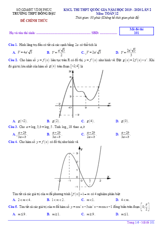 đề kscl toán 12 lần 2 thi thpt qg 2020 trường thpt đồng đậu – vĩnh phúc