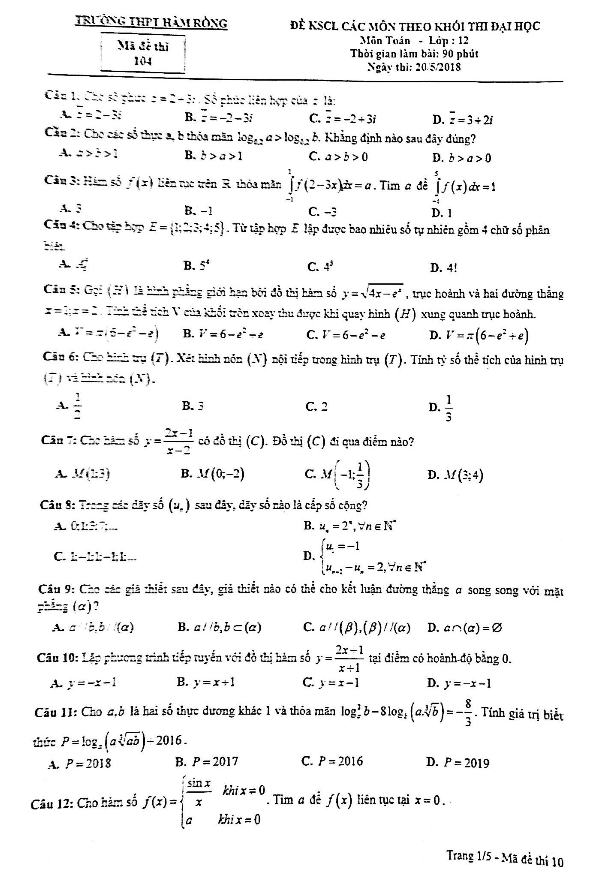 đề kscl toán 12 năm 2018 trường thpt hàm rồng – thanh hóa