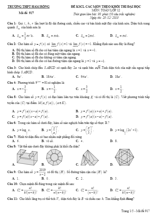 đề kscl toán 12 thi đại học năm 2019 – 2020 trường hàm rồng – thanh hóa