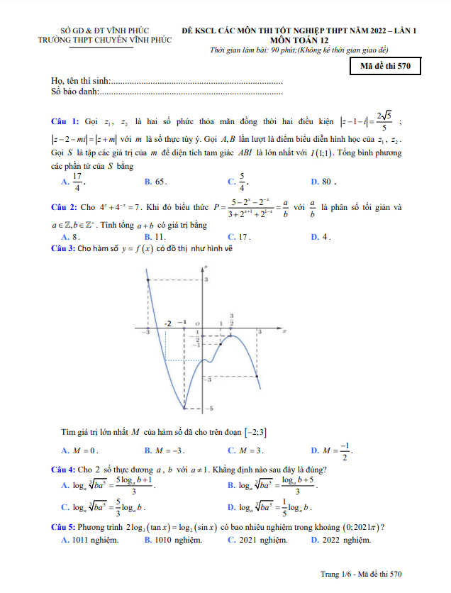 đề kscl toán 12 thi tốt nghiệp thpt 2022 lần 1 trường thpt chuyên vĩnh phúc
