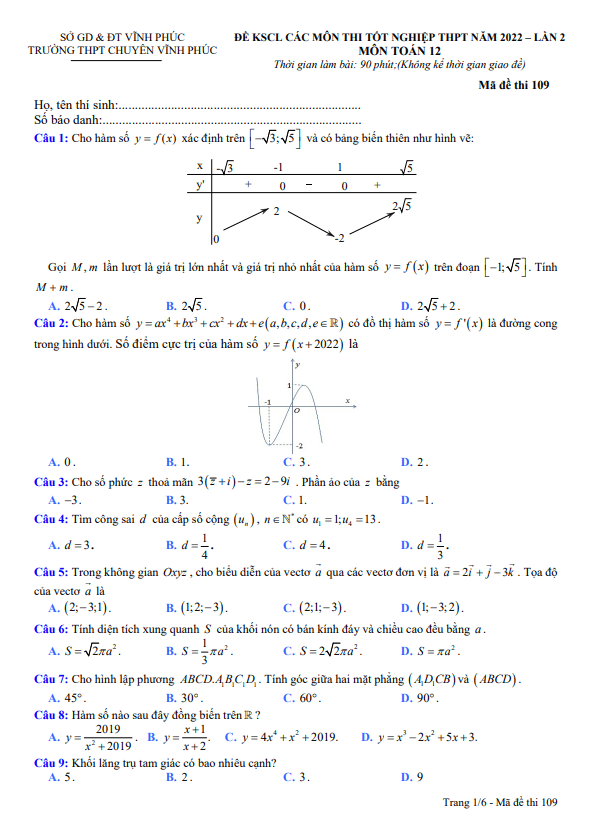 đề kscl toán 12 thi tốt nghiệp thpt 2022 lần 2 trường thpt chuyên vĩnh phúc