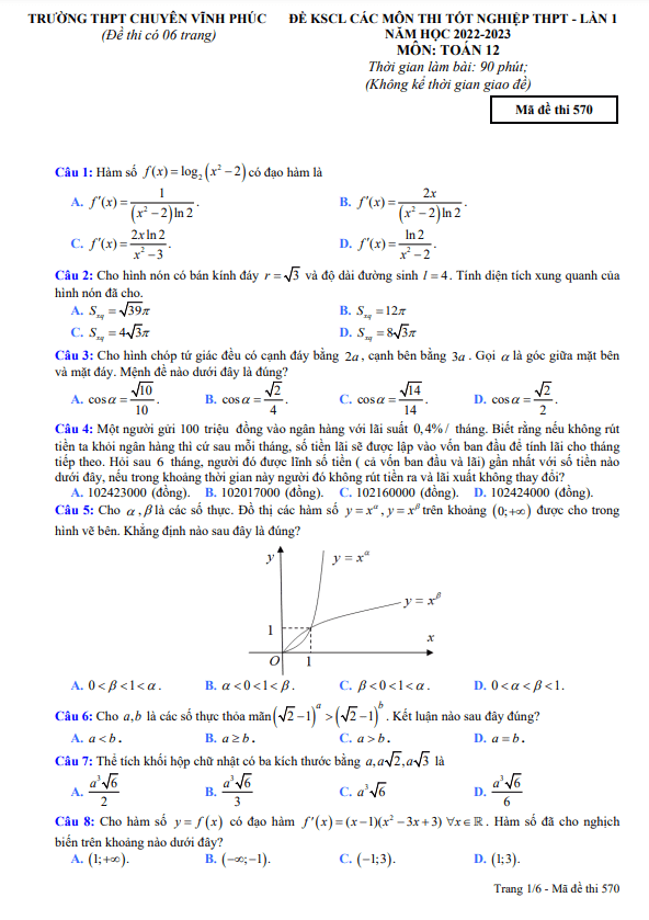 đề kscl toán 12 thi tốt nghiệp thpt 2023 lần 1 trường thpt chuyên vĩnh phúc