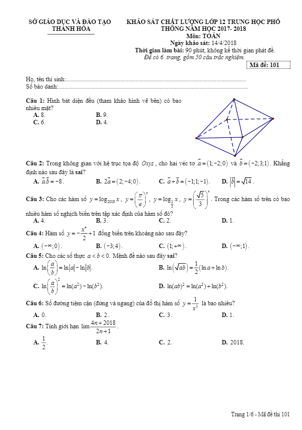 đề kscl toán 12 thpt năm học 2017 – 2018 sở gd và đt thanh hóa