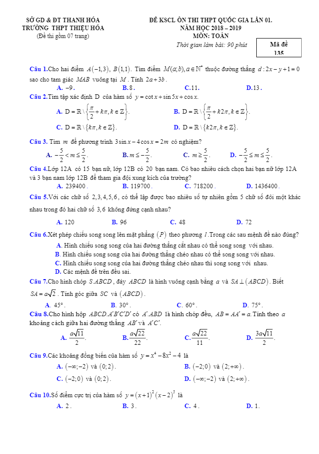 đề kscl toán ôn thi thptqg lần 1 năm 2018 – 2019 trường thiệu hóa – thanh hóa
