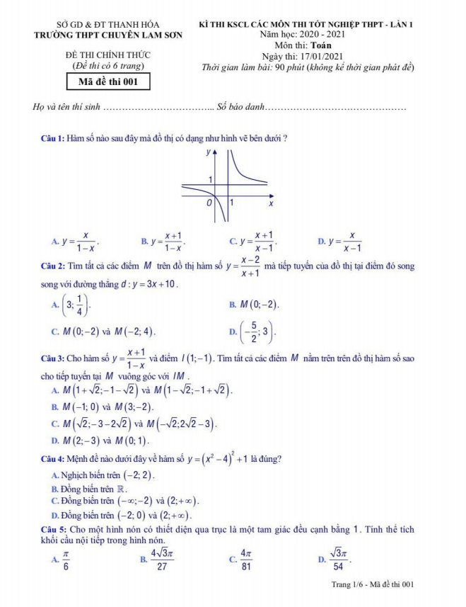 đề kscl toán thi tốt nghiệp thpt 2021 lần 1 trường chuyên lam sơn – thanh hóa