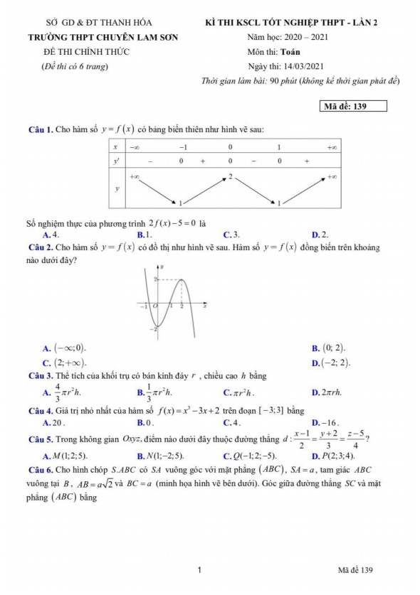 đề kscl toán thi tốt nghiệp thpt 2021 lần 2 trường chuyên lam sơn – thanh hóa