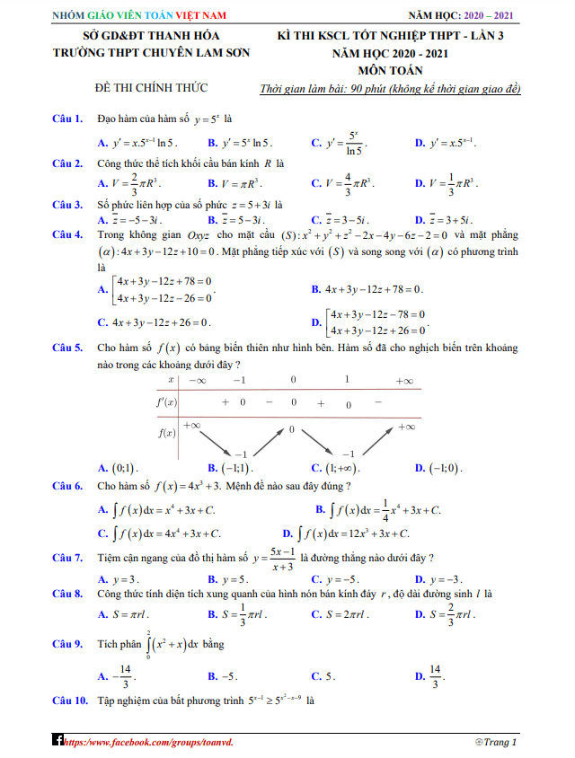 đề kscl toán thi tốt nghiệp thpt 2021 lần 3 trường chuyên lam sơn – thanh hóa