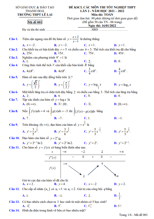 đề kscl toán thi tốt nghiệp thpt 2022 lần 2 trường thpt lê lai – thanh hóa