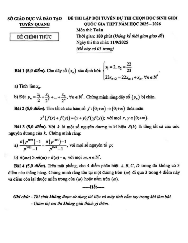 đề lập đội tuyển thi hsg qg môn toán thpt năm 2025 – 2026 sở gd&đt tuyên quang