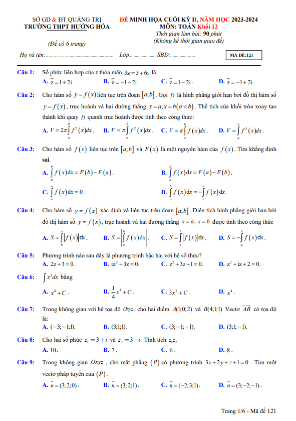 đề minh họa cuối kỳ 2 toán 12 năm 2023 – 2024 trường thpt hướng hóa – quảng trị