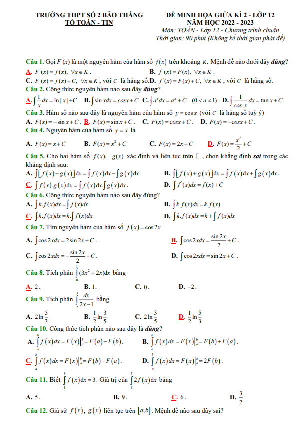 đề minh họa giữa kì 2 toán 12 năm 2022 – 2023 trường thpt bảo thắng 2 – lào cai
